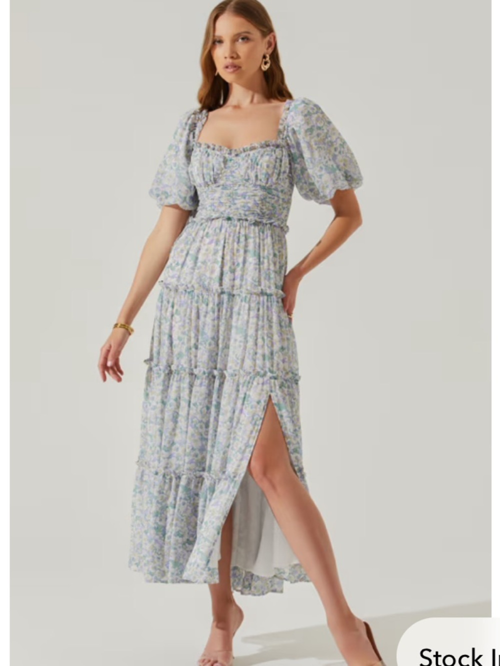 Astr Pastel Floral Puff-Sleeve Midi Dress - Light Blue & Lilac - Picture 2 of 9